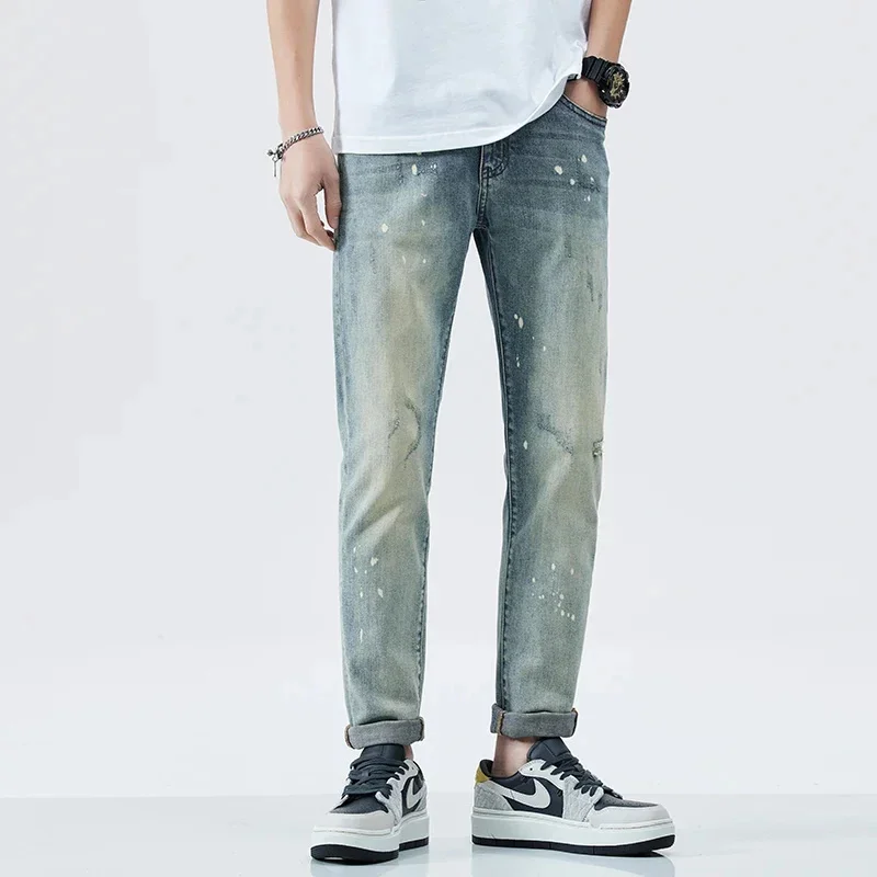 

Весенне-летние новые американские ретро-индивидуальные модные тонкие маленькие прямые цилиндрические джинсы в тон, мужские джинсы