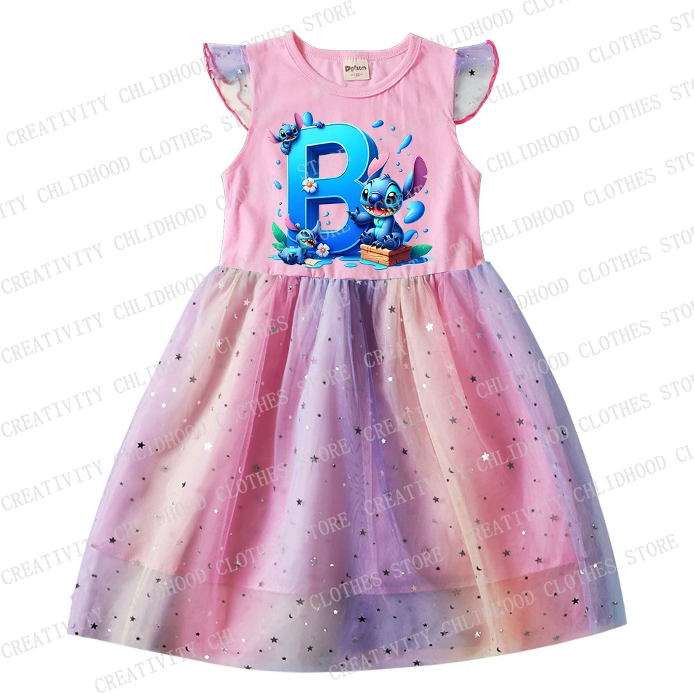 Stitch Meisje Jurk 26 Engelse Letters Print Kinderen Meisjes Prinses Cartoons Vrijetijdskleding Gaas Jurken Kid Baby Kleding Geschenken