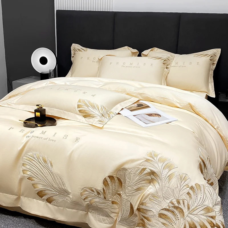 

4pcs European Cotton Class A 180 Count Long Styl Cotton Simple Embroidery Bedding Quilt Cover Bed 200x230 220x240 Four Seasons