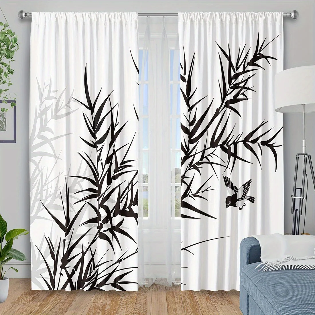 Chinese Ink Bamboo Curtain Black & White Botanical Print Drape, Oriental Zen Style Window Treatment for Living Room Bedroom Home