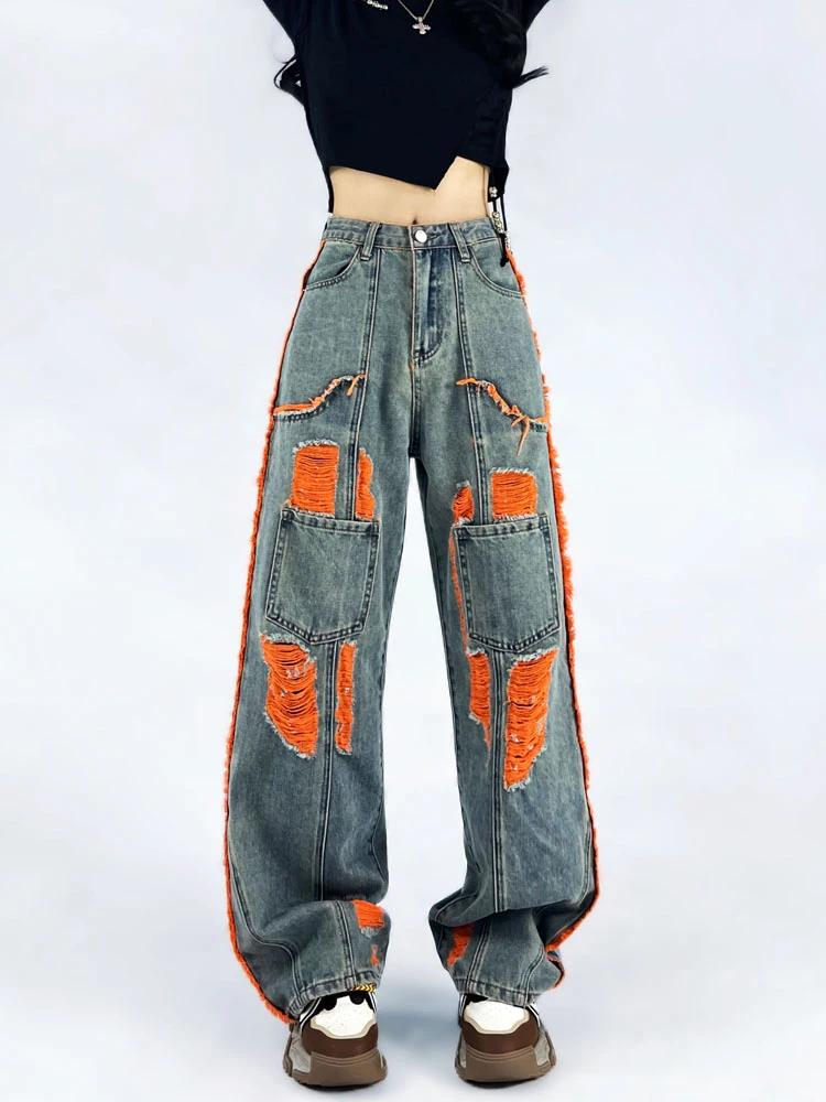 

Y2K Cargo Pants For Women Harajuku Jeans Vintage Street Wash Tassel Baggy Jeans Wide Leg High Waist Denim Pants