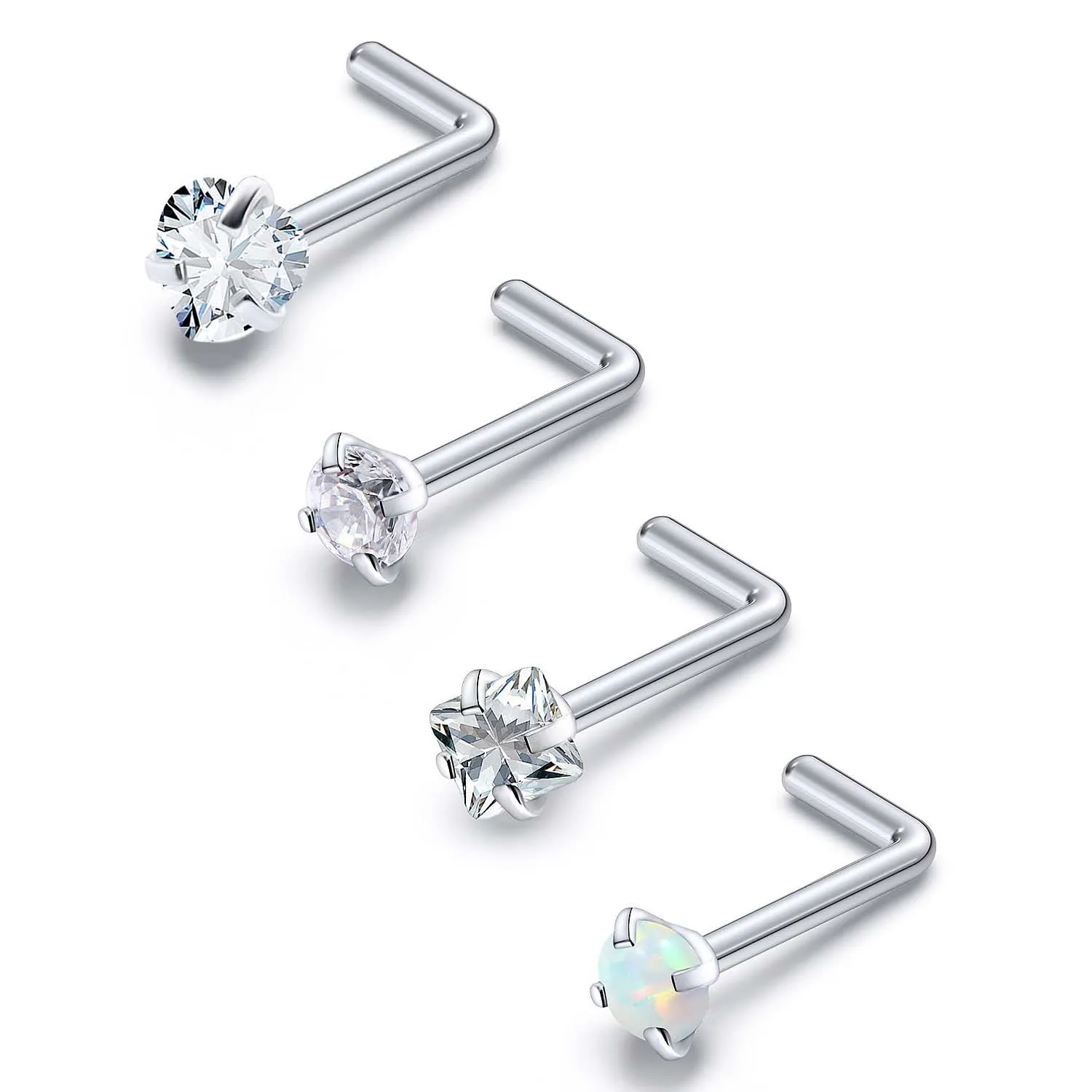 4pcs Stainless Steel Nose Rings 20G L Shaped Rod Round Heart Shaped Corkscrew Nose Studs Opal Square CZ Piercing Jewelry