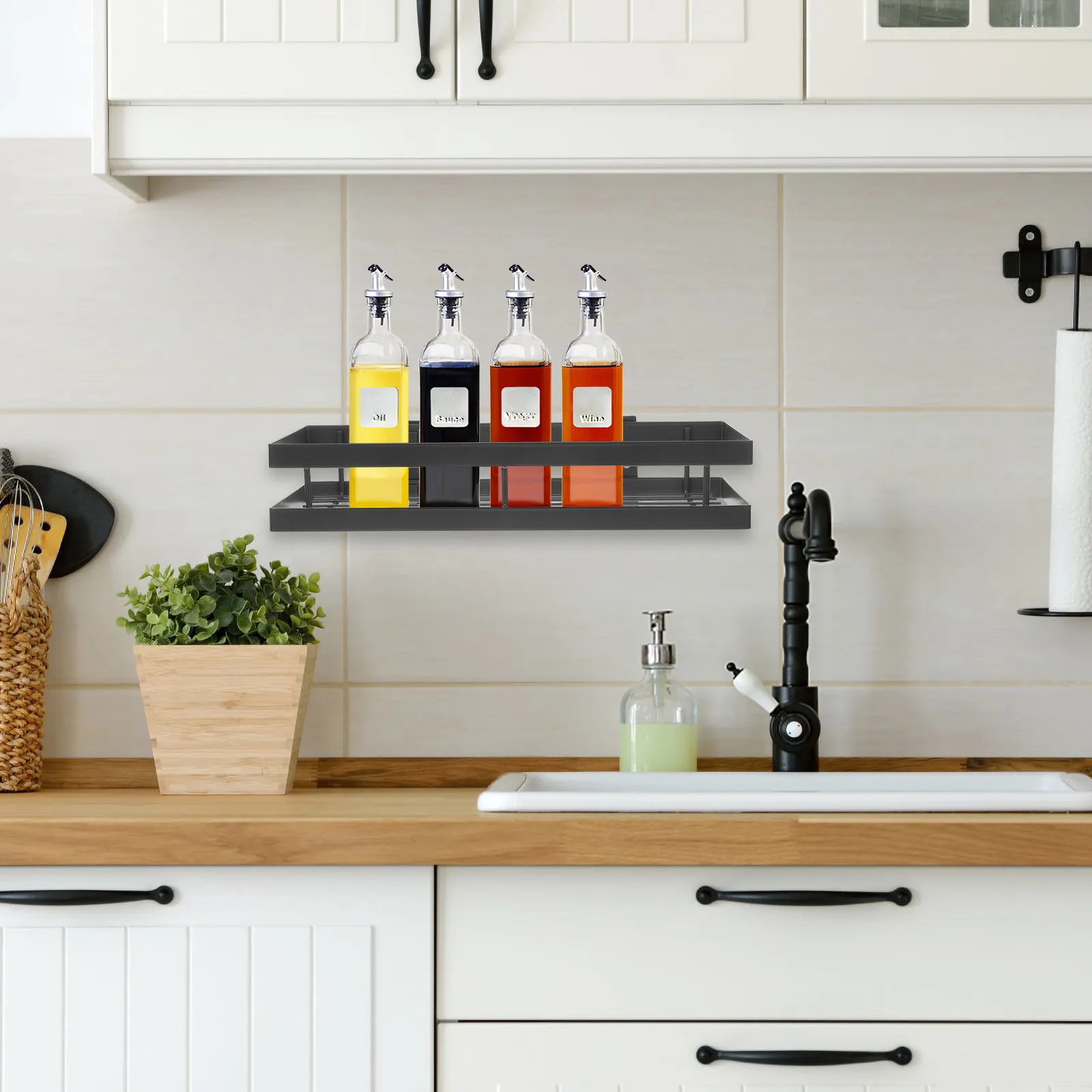 Wall Mount Spice Rack Metal Floating Shelf No Drill Installation Kitchen Bathroom Organizer Large Capacity Storage Rack Wall