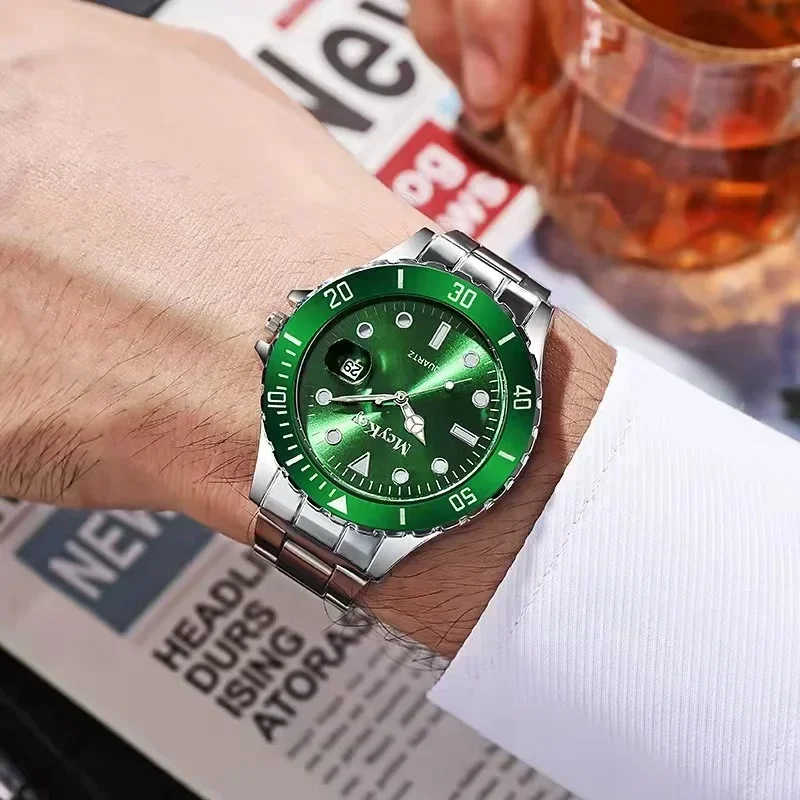 New High Quality Fashion Business High Quality Men's Luxury Brand Steel Band Quartz Watch Men's Green Classic Luxury Clock Retro