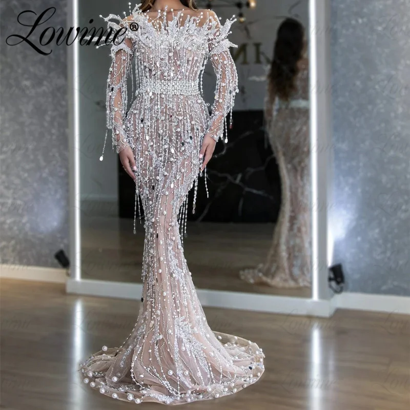 

Full Pearl Tassels White Evening Dresses Luxury 2023 Long Sleeves Mermaid Red Carpet Celebrity Dress Crystals Arabic Party Gowns