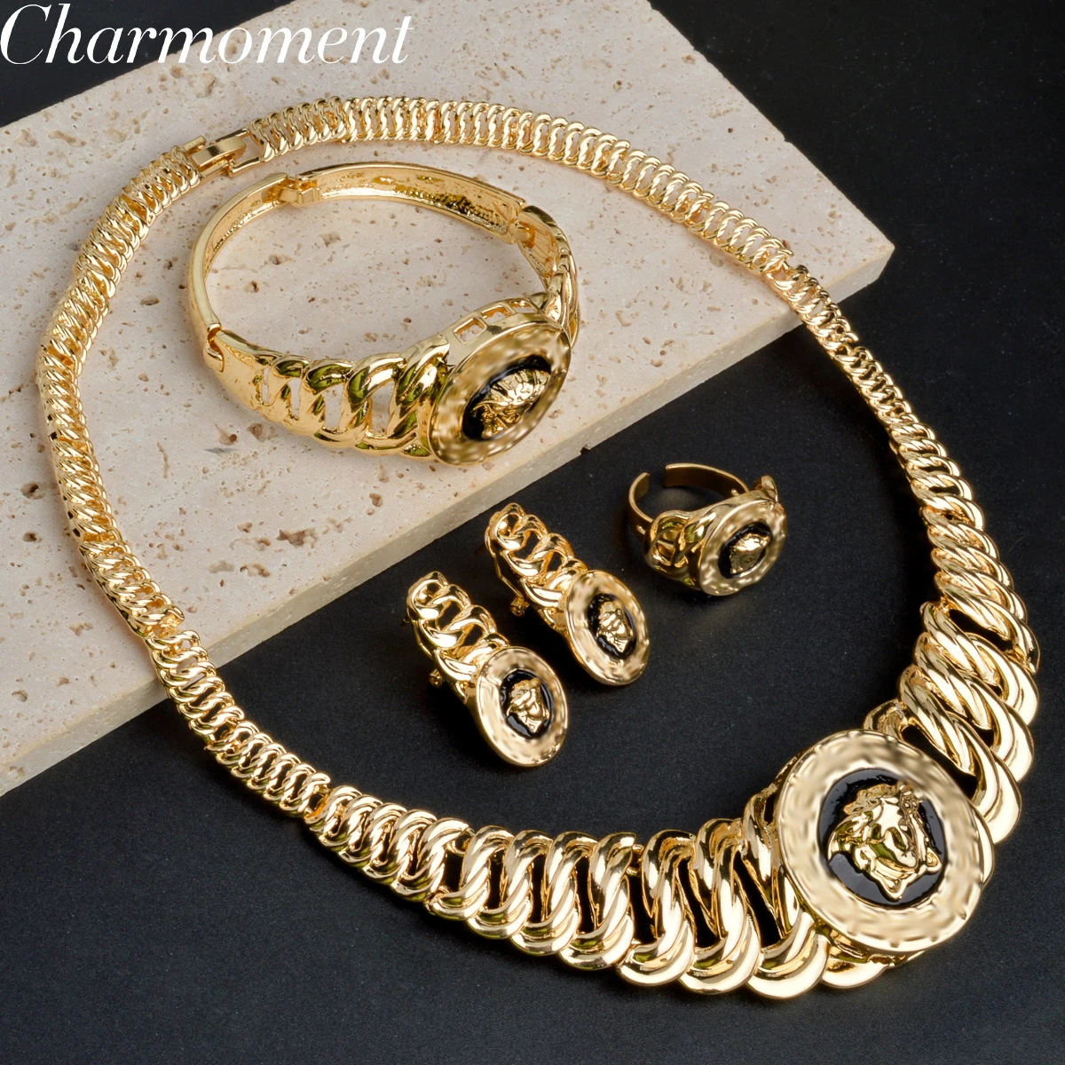 Dubai Luxury Jewelry Set for Women Gold Plated Lion Necklace Bracelet Ring Earrings Black Enamel Classic Daily Wear Party Gift