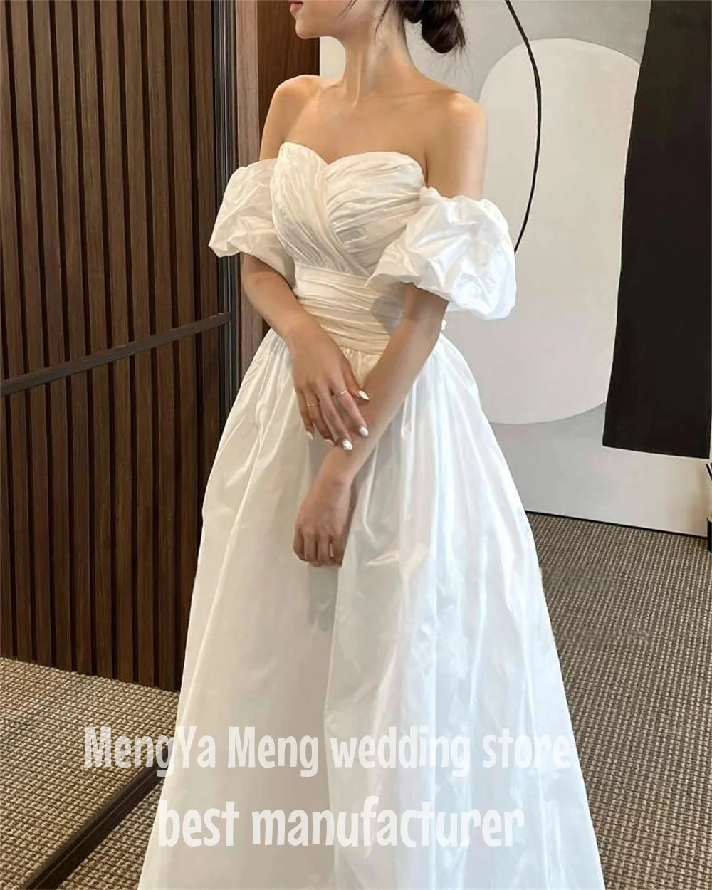 ZHUISHU A Line Korea Wedding Dress Sweetheart Customized Taffeta Pleats Corset Back Bridal Gown Short Lantern Sleeve Bride Dress