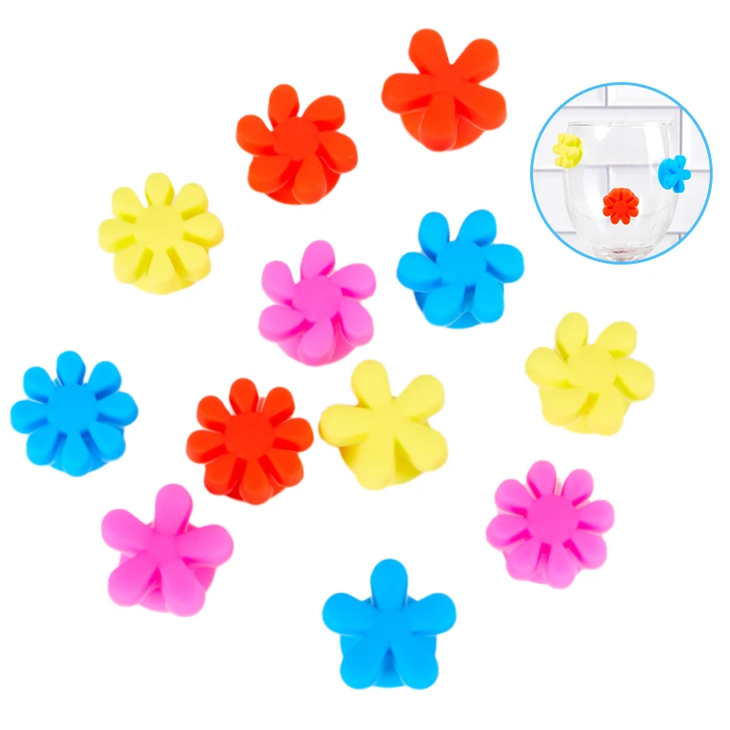 12Pcs/Set New Silicone Flower Wine Glass Charms Wine Glass Markers Party Cocktails Drinking Cup Sign Suction Cup Identifier