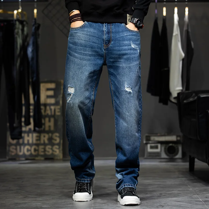 

Blue Men's Loose Straight Leg Jeans plus Size Wide Foot Cuffed Trousers Trendy Brand New 2026 Long Pants Ripped Denim