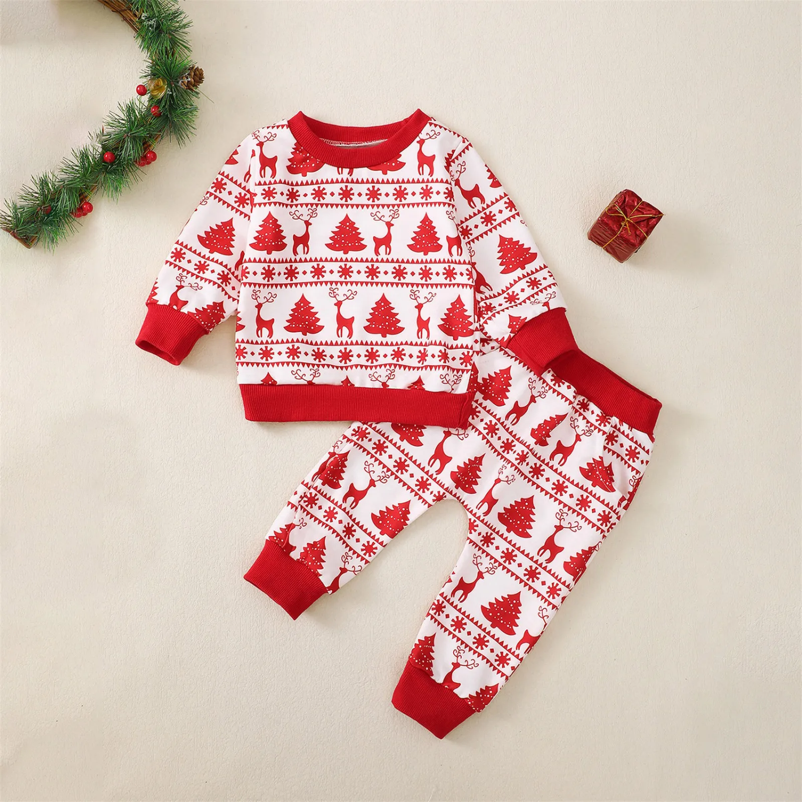 

Autumn Newborn Baby Boys Christmas Clothes Sets Long Sleeve O Neck Christmas Tree Elk Print Pullover Tops Pants Sets