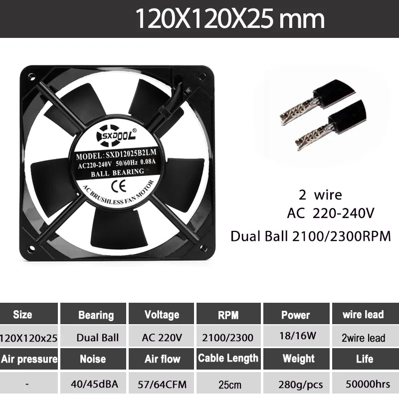 1pcs 220v fan 120mm SXDOOL 240V Dual Ball Bearing 120X120X25mm 50/60Hz metal Frame AC Fan Exhasut Fan Indsutry Cooling Fan