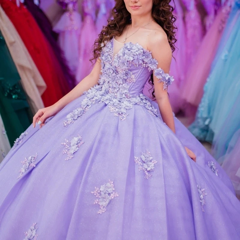 

Lavender Mexican Quinceanera Dresses Handmade 3D Floral Applique Beads Birthday Princess Formal Ball Gowns Vestidos XV 15 Años