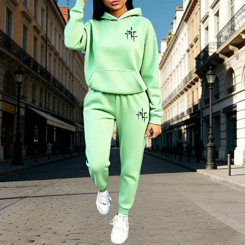 Autumn Winter Home Outdoor Casual Fashion Pure Color Sportswear Cross Print Women's Hoodie Sets Hooded Sweatshirt and Sweatpants image 5