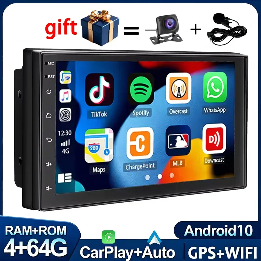 7 Zoll Doppel-DIN Universelles Autoradio Android 10, 4+64G, DAB+, Touchscreen, CarPlay, GPS-Navigation, Bluetooth, RDS/FM, SWC