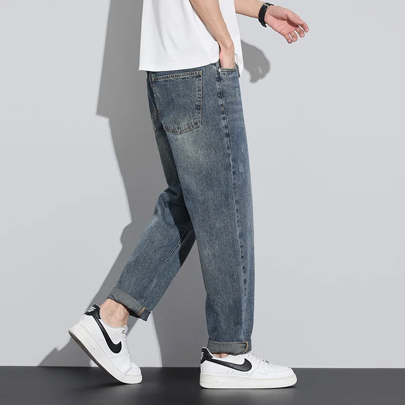 Green Men's Jeans Spring And Summer New Casual Retro Hong Kong Style Versatile Loose Fashion High-end Pants
