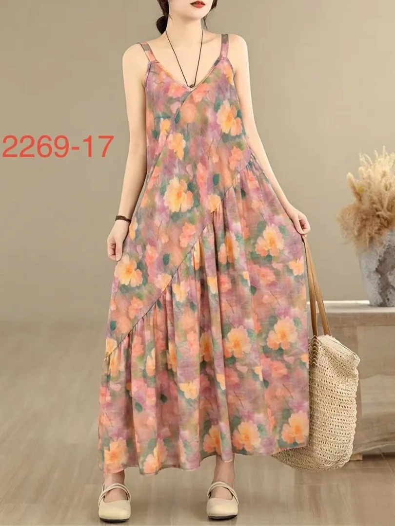 

Romantic Vacation Style Print V-Neck Waist-Cinching plus Size Strap Dress Women's Summer Breathable Cotton Casual Dress