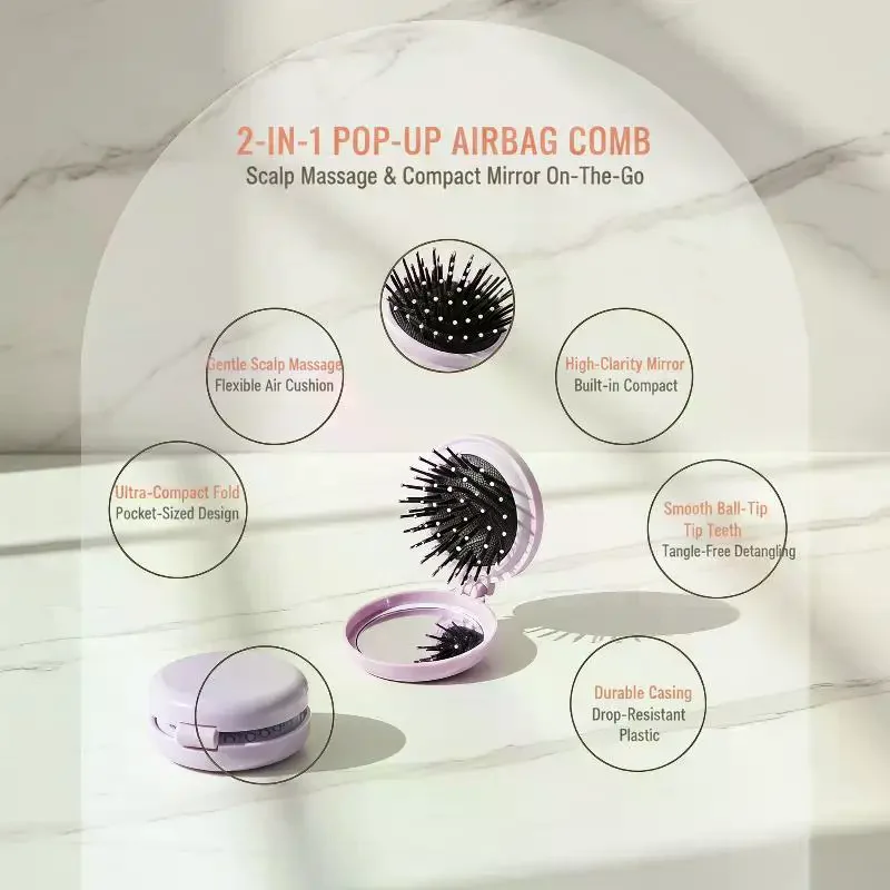 Mini Foldable Air Cushion Hair Brush Soft Massage Bristles Built-in Mirror Pocket Size for Girls Outdoor Travel Hair Styling