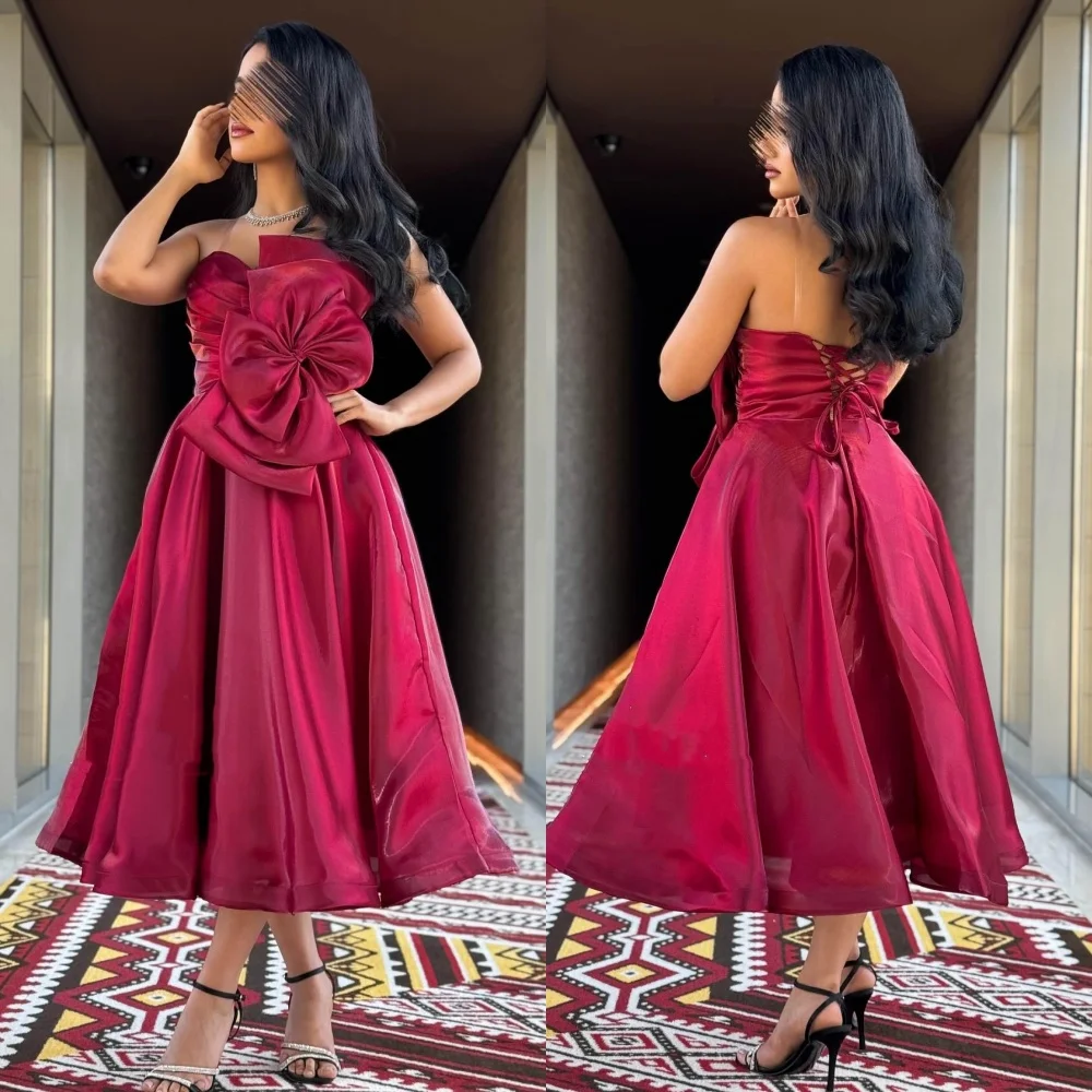 

Customized Simple Pleat Draped Bow A-line Strapless Midi Dresses Bespoke Occasion Dresses Sizes Available Modern Style Fashion