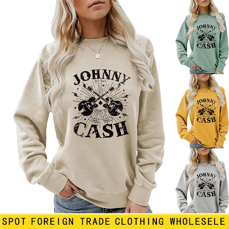 Women\'s Long-sleeved JOHNNY CASH Guitar Sweatshirt Aesthetic Hoodies Women Streetwear Women