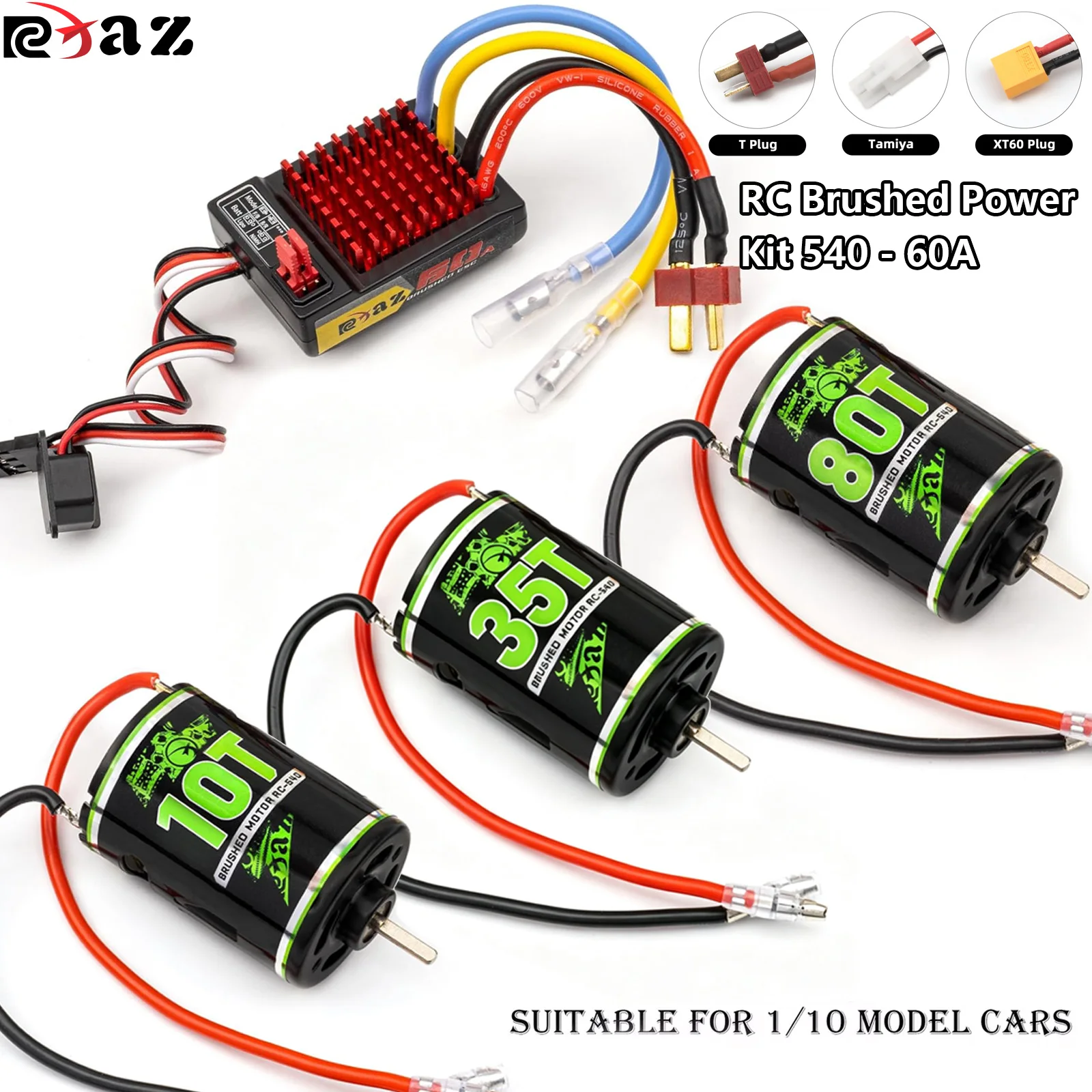 RCXAZ RC Bürstenmotor-Kit 540 Motor 10T 35T 80T 60/320A ESC BEC 6V/2A Combo für 1/10 Crawler Car Axial SCX10 AXI03007 90046 TRX4 D90 Monster Truck Arrma Traxxas Hsp Redcat Rc4wd Tamiya RC Car