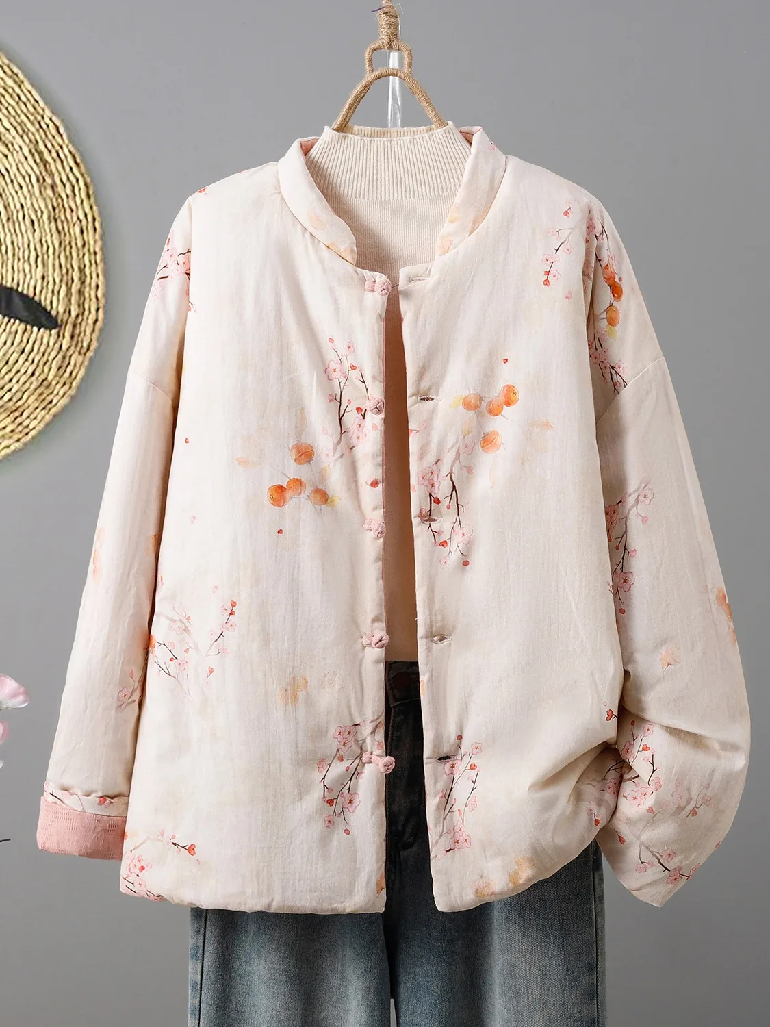 New Chinese Style Double-Sided Wear Thickened Cotton Jacket Women's Winter Tang Costume Coat with Print Stand Collar Long Sleeve