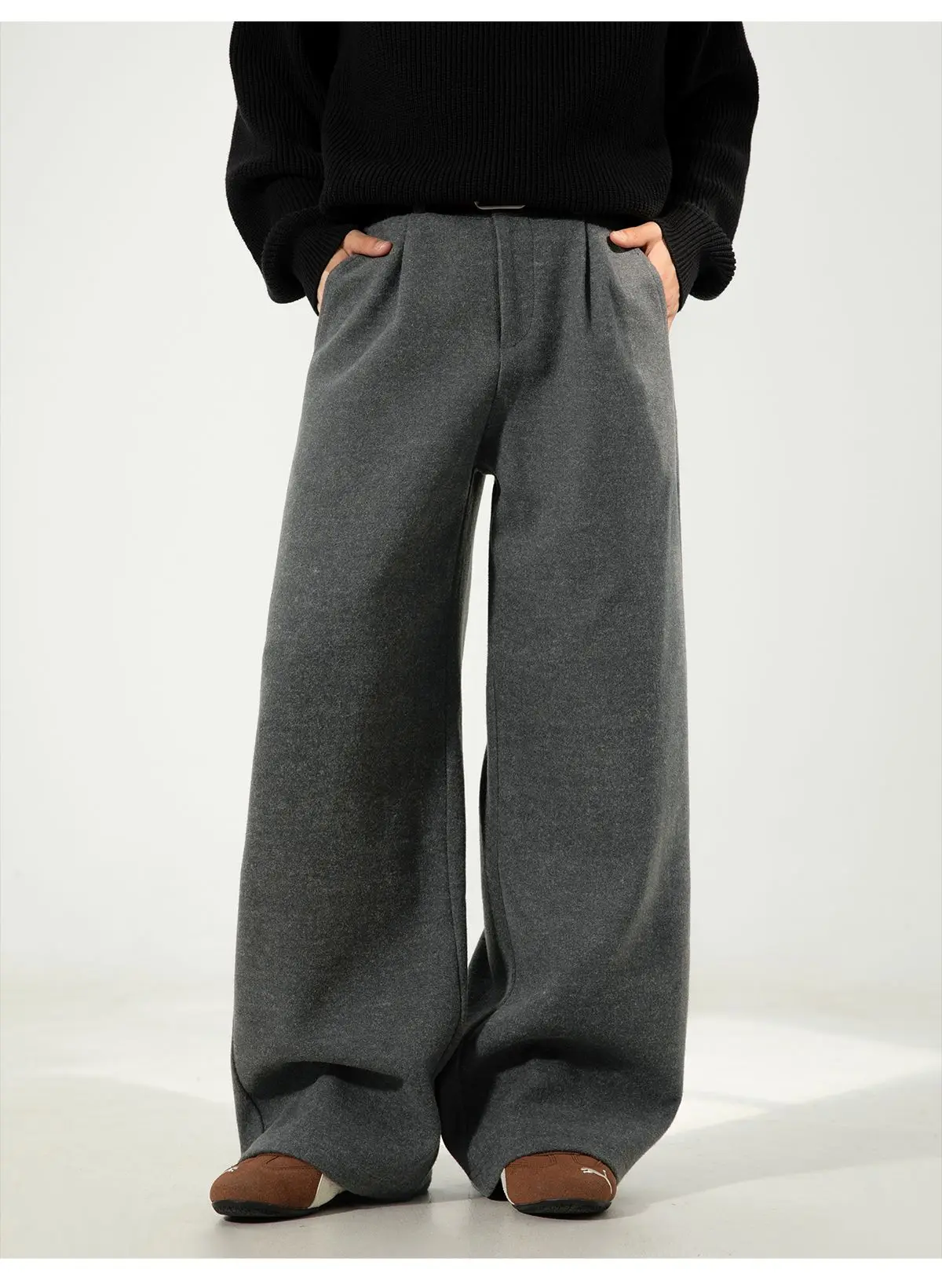 Herbst- und Winter-Herrenhose aus schwerer, strukturierter Wolle mit geradem Bein, locker gefaltet, Y2K Koreanische Baggy Casual Hose – Detail 9