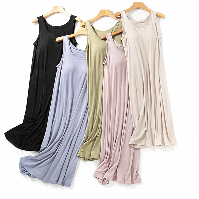 Chemise de nuit décontractée avec coussin de poitrine pour femme, chemise de nuit modale, vêtements de maison d'été, soutien-gorge, robe de nuit, lingerie