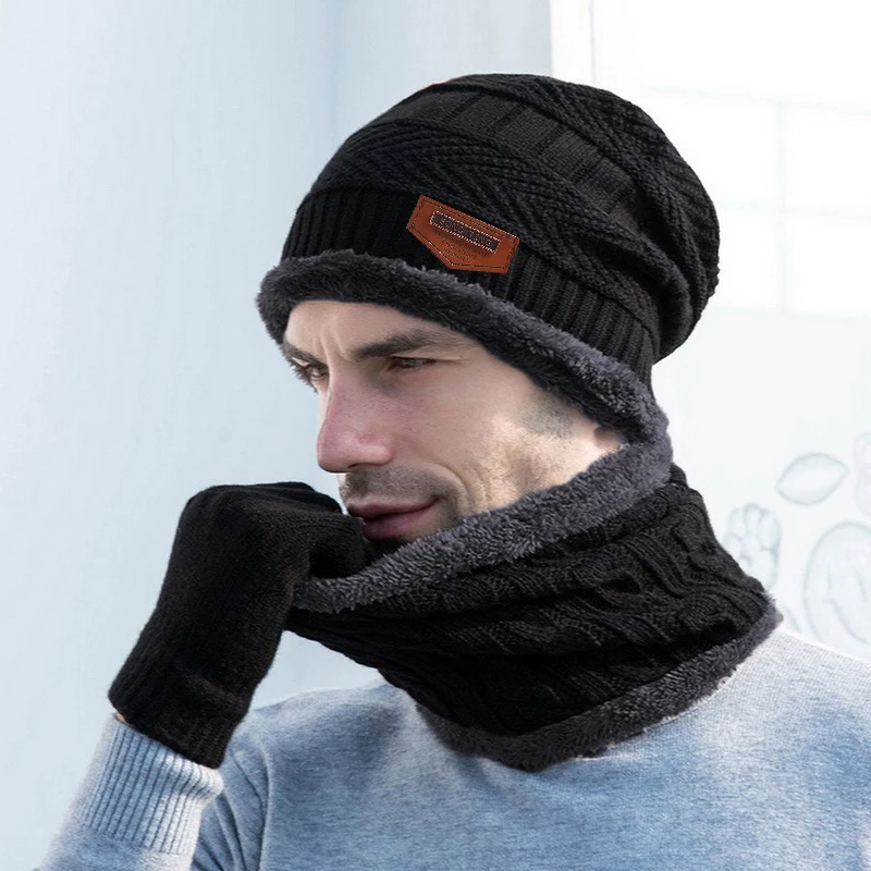 2024 Winter Men Women Thick Beanie Hat Knitted Hat Winter Cap Beanie Female Wool Neck Scarf Cap Balaclava Mask Bonnet Hats Set