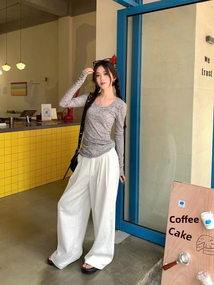 Cseta is de punto de manga larga con cuello en U y lunares para mujer, csa básica ajustada de verano, ropa interior t...