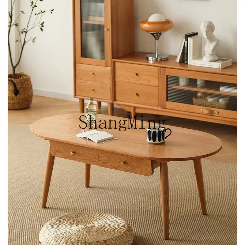 

ZYY solid wood small apartment simple log wind small coffee table cherry wood living room with drawer tea table