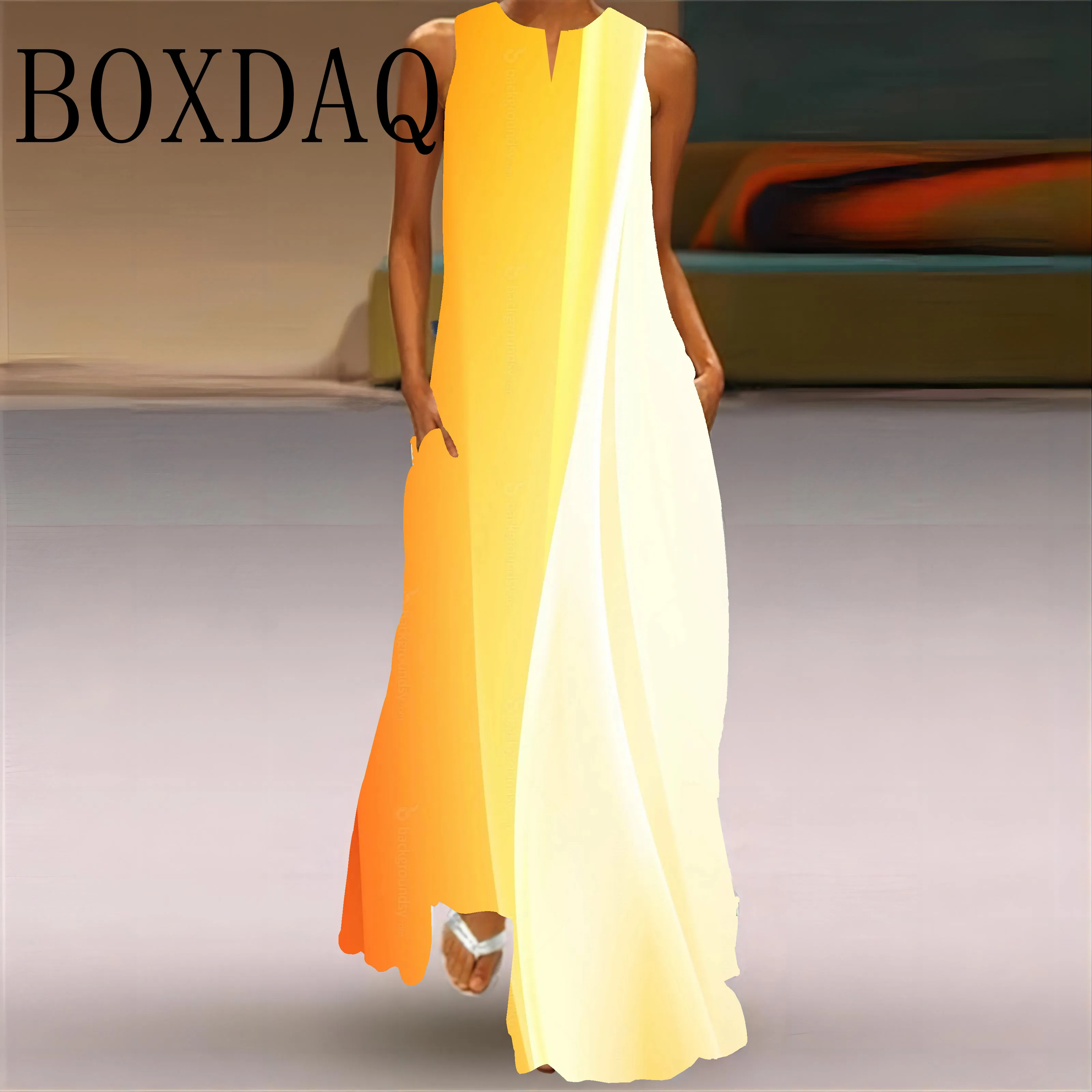 Gradient Print Maxi Dress For Women 2025 New Summer Loose Sleeveless Long Dresses Elegant Fashion Ladies V Neck Pockets Sundress