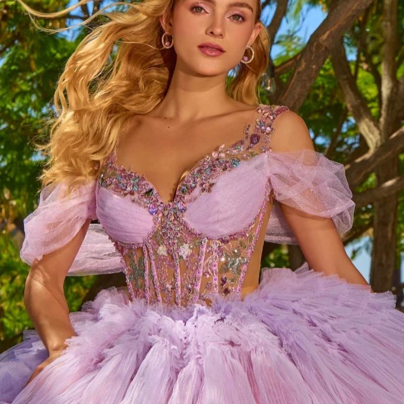 Rosa quinceanera vestidos fora do ombro apliques miçangas cristal em camadas tull festa de aniversário doce 16 vestido vestidos 15 anos