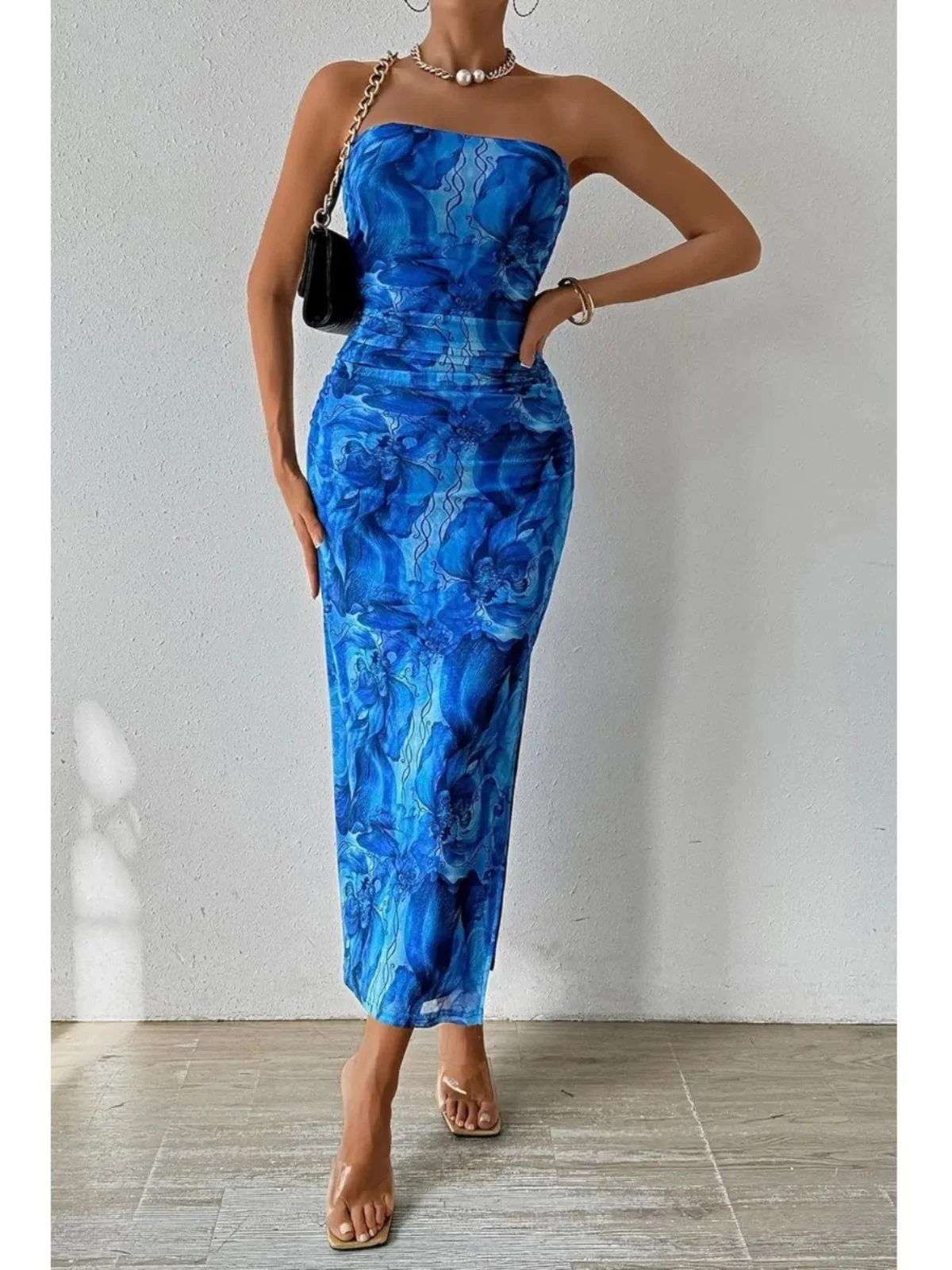 

Женское облегающее платье-боди с принтом, высокой талией, разрезом и эффектом перекидывания, летнее, в уличном стиле