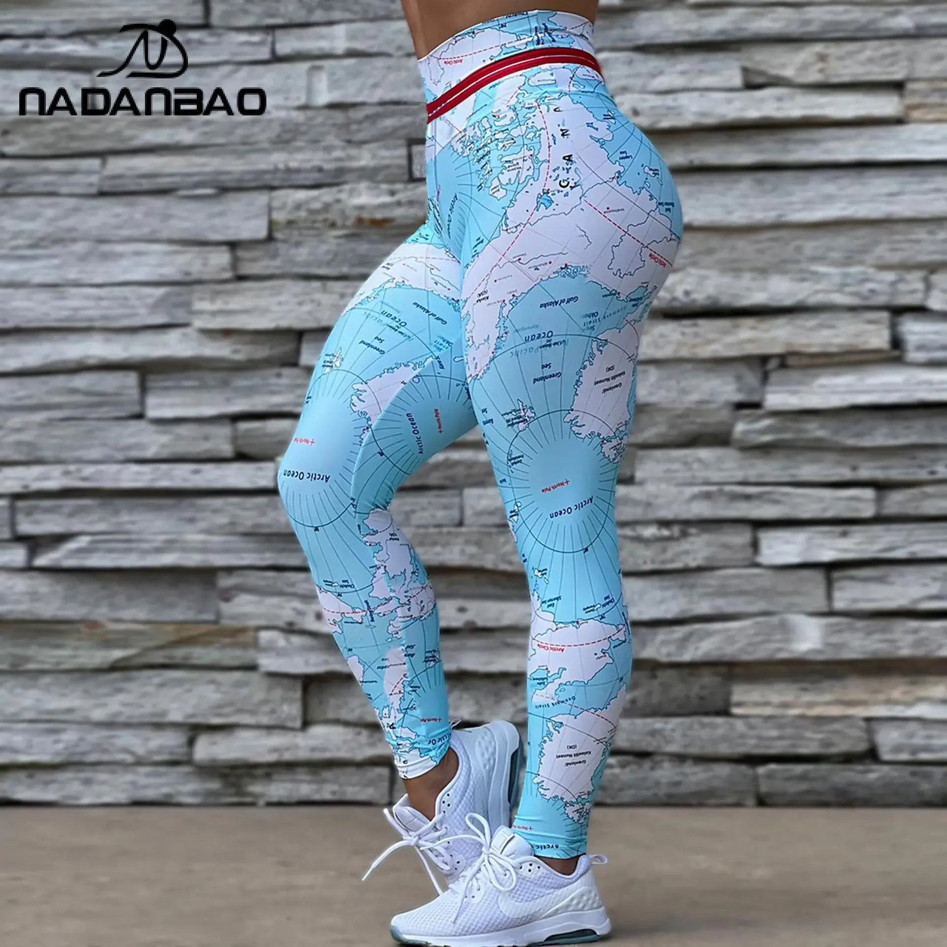 NADANBAO kobieta mapa legginsy z nadrukiem wysoki stan spodnie Skinny fit damska sportowa spodnie do ćwiczeń kobieta do biegania na dole — zdjęcie 4