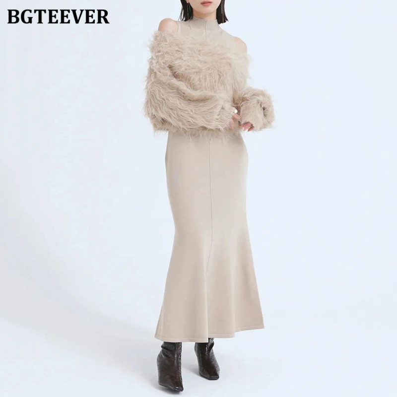 BGTEEVER Autumn Winter Warm Slim Ladies 2 Pieces Knitted Set Long Sleeve Pullovers &Sleeveless Mermaid Dress Female Outfits