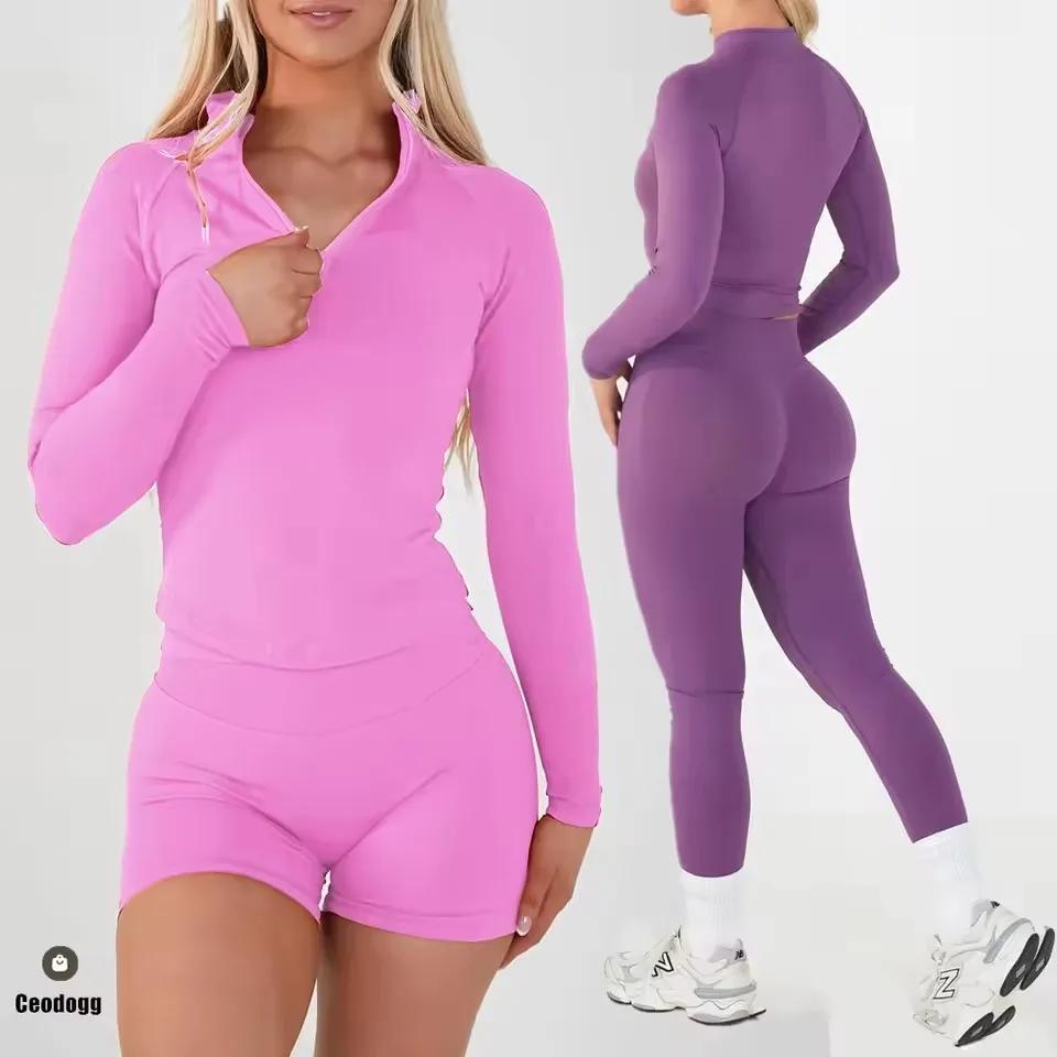 

Комплект из 2 предметов: спортивная кофта с длинным рукавом и молнией до середины груди и куртка для бега, женская одежда для йоги, спортивная одежда для фитнеса и тренировок