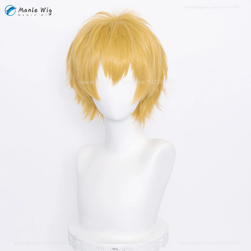 Anime Akihiko Nirei Cosplay Wig Golden 30cm Short Frizzy Wigs Heat Resistant Synthetic Hair Halloween Accessory + Wig Cap