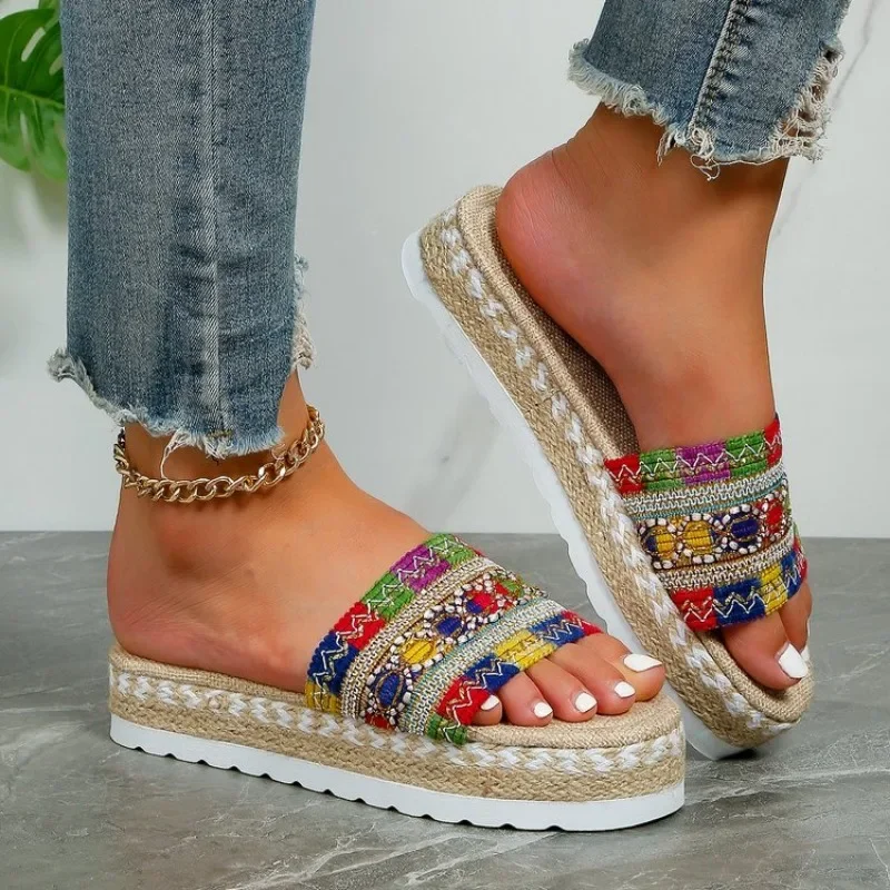 Women Slippers Summer Outdoor Beach Sandals Bohemian Ethnic Style Handmade Espadrilles Platform Slippers Flip Flops Women Shoes