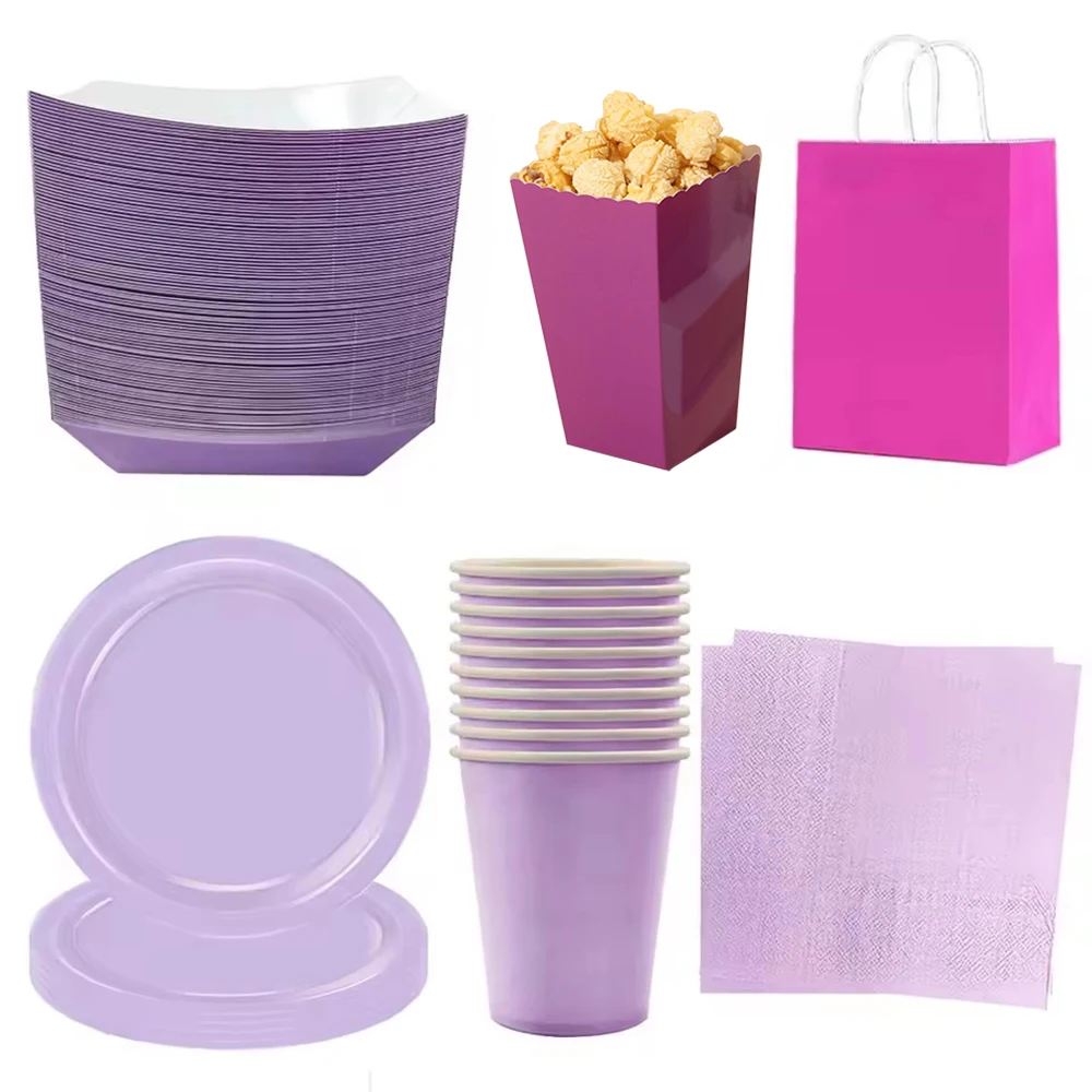 Assiettes en papier violet massif, gobelets, serviettes, plateau alimentaire, vaisselle en papier jetable violet clair, sac cadeau, fournitures de fête d'anniversaire et de mariage