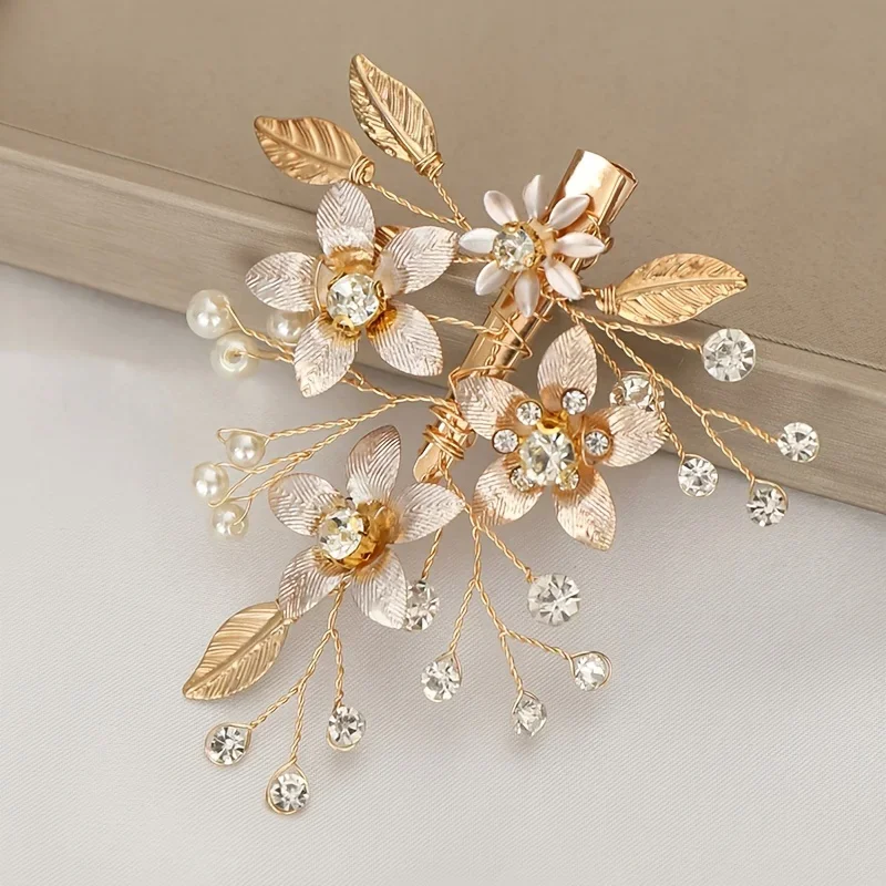 Golden Flower Bride Hair Clip Barrettes Fashion Hair Accessories Wedding Hair Jewelry Pearl Rhinestone Hairpins Women Headpiece image 3