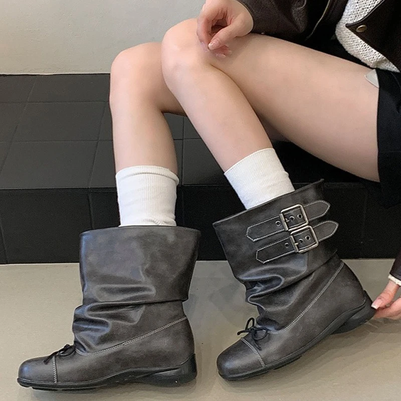 Aneikeh Women Vintage Distressed Leather Slouch Mid Calf Boots Double Buckle Strap Round Toe Flat Lace Up Motorcycle Boots