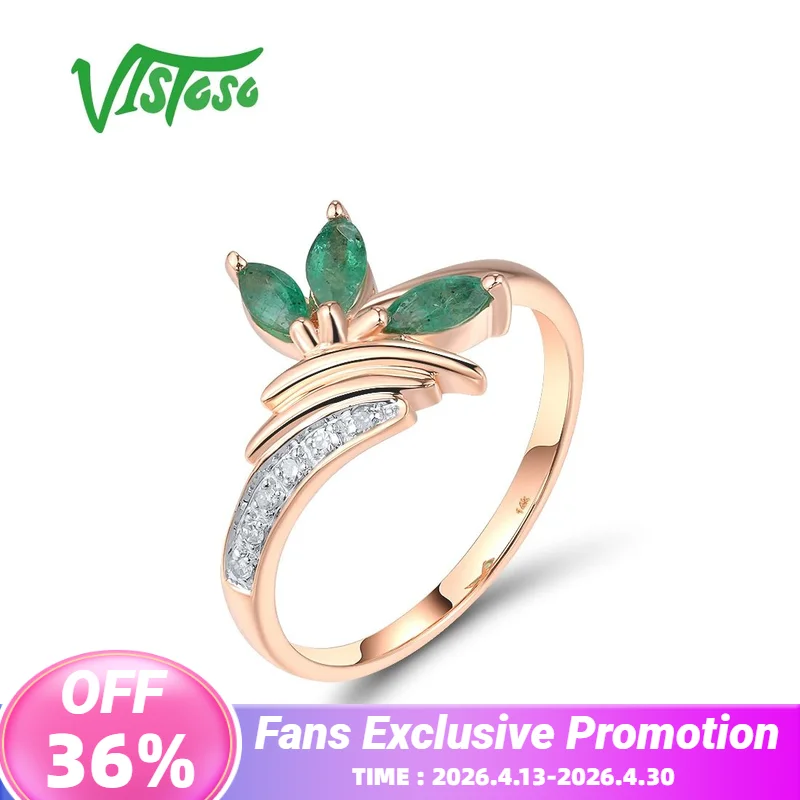

VISTOSO Genuine 14K 585 Rose Gold Ring For Women Ring Sparkling Diamond Emerald Exquisite Party Wedding Engagement Fine Jewelry