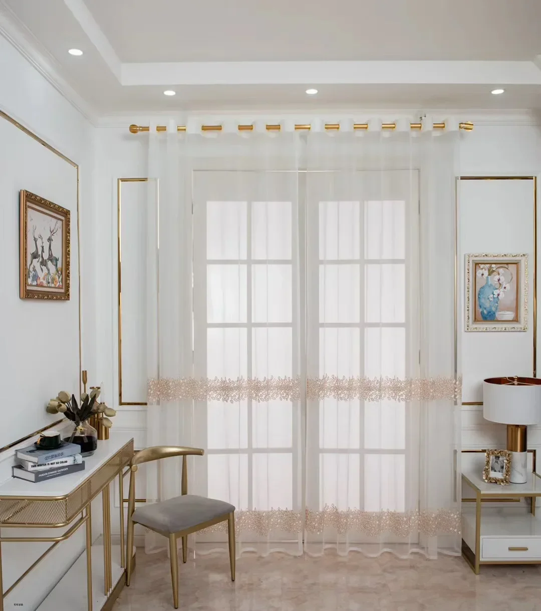 

Nordic Embroidered Solid Color Curtain with Matching Gray Living Room and Bedroom Engineering Floor-to-ceiling Tulle Curtains
