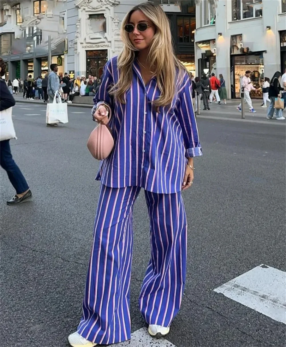 

Blue Striped Pants Suit for Women Casual Turn-Down Collar Long Sleeves Single Breasted Shirts and Elastic Waist Straight Pants