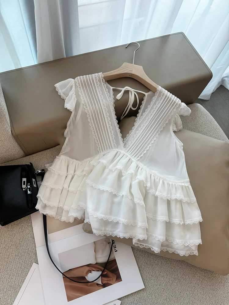 

ort Doll irt Women's Vaion Sle Pure Desire Lace Trim V-ne Layered Hemline Cotton Blouse Summer Top with Puff Sves