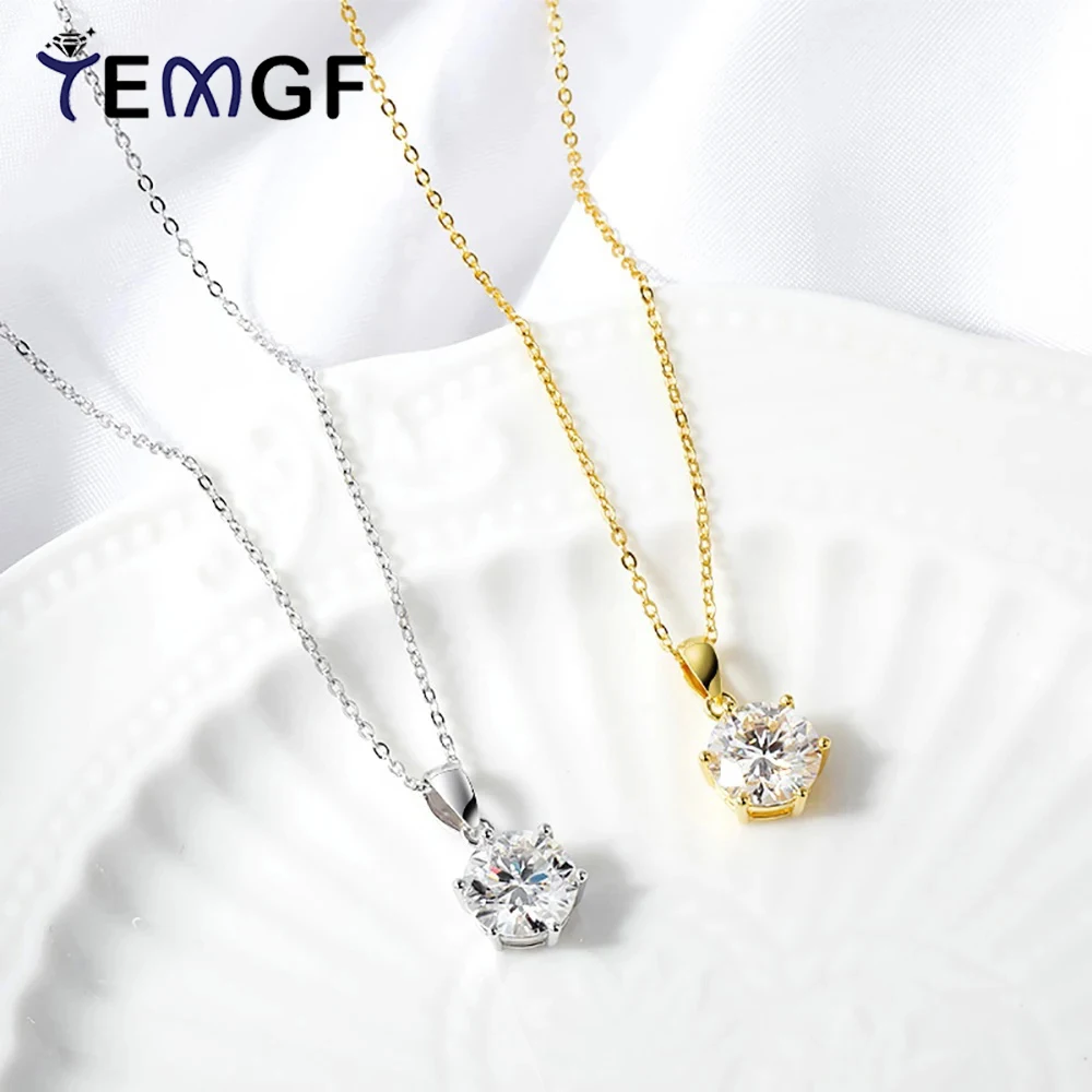

TEMGF S925 Серебряное ожерелье с подвеской 5/10CT Муассанит 45 см O/коробка-цепочка для женщин Свадебные элегантные модные изящные ювелирные изделия Любовь подарки