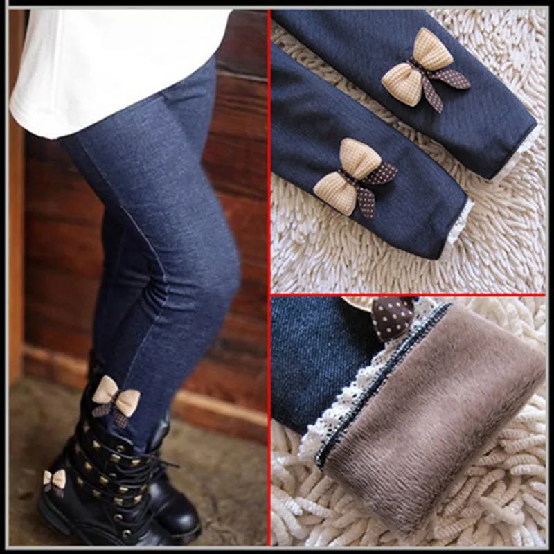 

New Autumn Winter Girls Jean Pants Warm Children Leggings Thicken Velvet Bowknot Kids Trousers Baby Girl Pants Icing Leggings