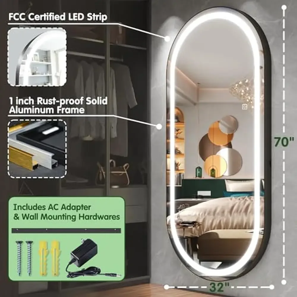 Grande specchio per tutto il corpo illuminato a LED con controllo touch intelligente Opzioni di montaggio multifunzionali Vetro antiruggine e antideflagrante