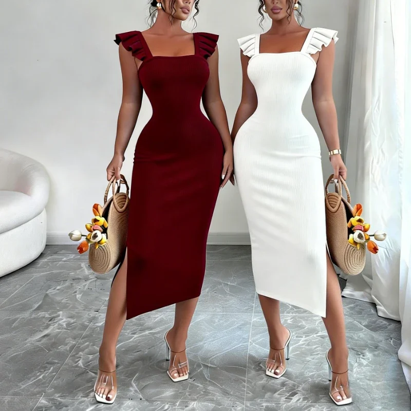 Damen Maxikleid mit eckigem Ausschnitt, Rüschen, ärmellos, seitlichem Schlitz, aus dehnbarem Rippstrick, figurbetont, für Party, Hochzeit, langes Kleid, Outfits
