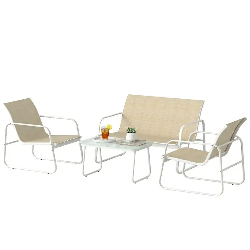 Salon de jardin 4 pièces avec canapé 2 places, 2 fauteuils et table, en acier, textilène et verre trempé, 112x73x74 cm, kaki
